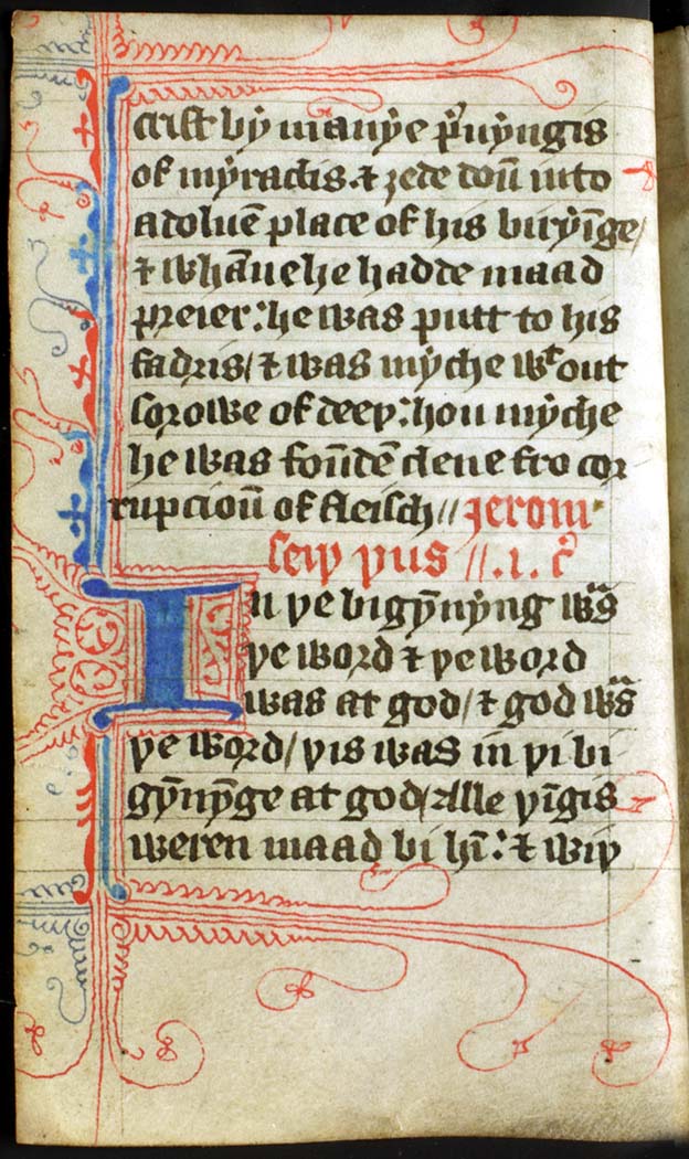 A Wycliffite New Testament, folio 2v, the opening of John. University of Glasgow Library, MS Hunter 191 (T.8.21)