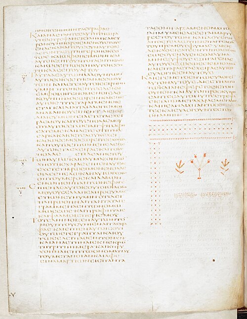 Codex Alexandrinus, fol. 41v: the end of the Gospel of Luke with its decorative tailpiece, 5th century. British Library, Royal MS 1 D VIII