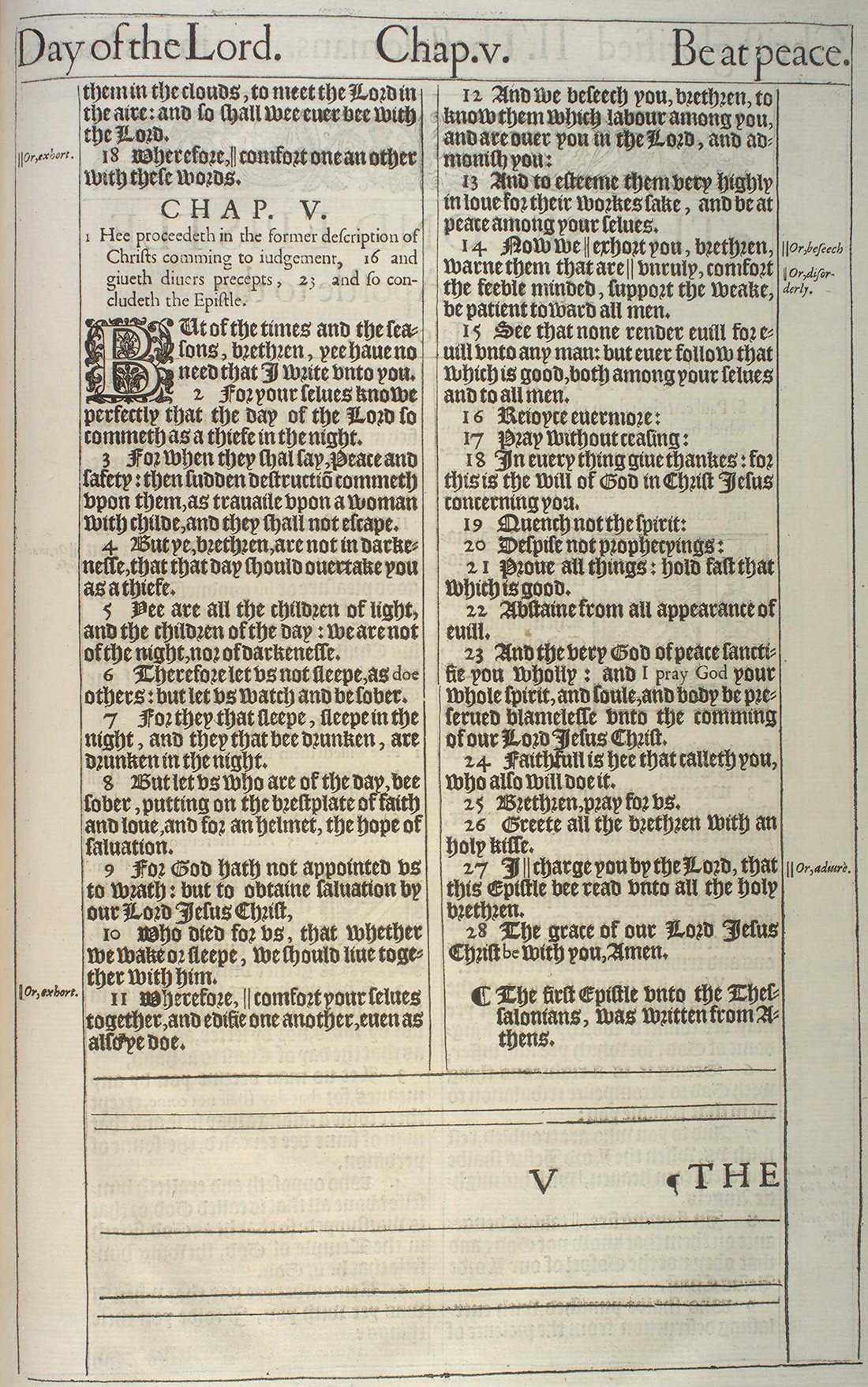 The Holy Bible (London: Robert Barker, 1611), first issue (“He” Bible), 1 Thessalonians 4:17–5:28. University of Pennsylvania Libraries, Kislak Center, Folio BS185 1611 .L65 (Ross Bible Collection); cropped to the leaf