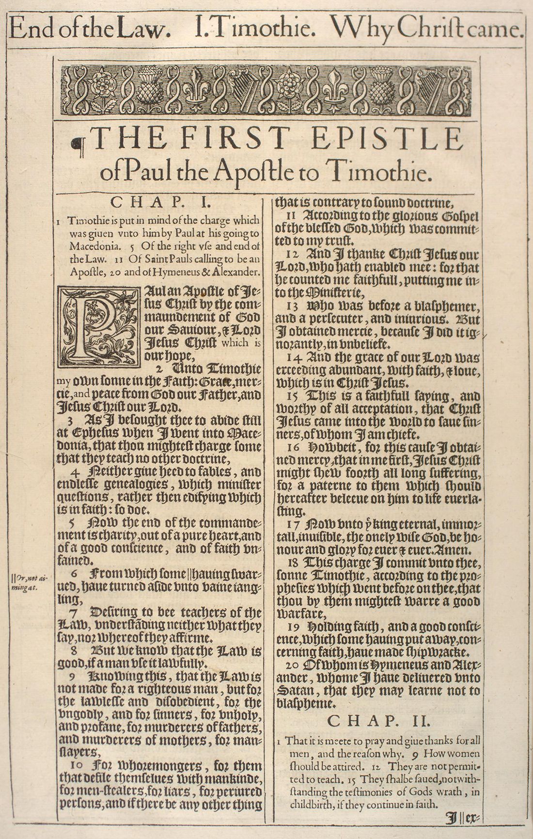 The Holy Bible (London: Robert Barker, 1611), first issue (“He” Bible), 1 Timothy 1. University of Pennsylvania Libraries, Kislak Center, Folio BS185 1611 .L65 (Ross Bible Collection); cropped to the leaf