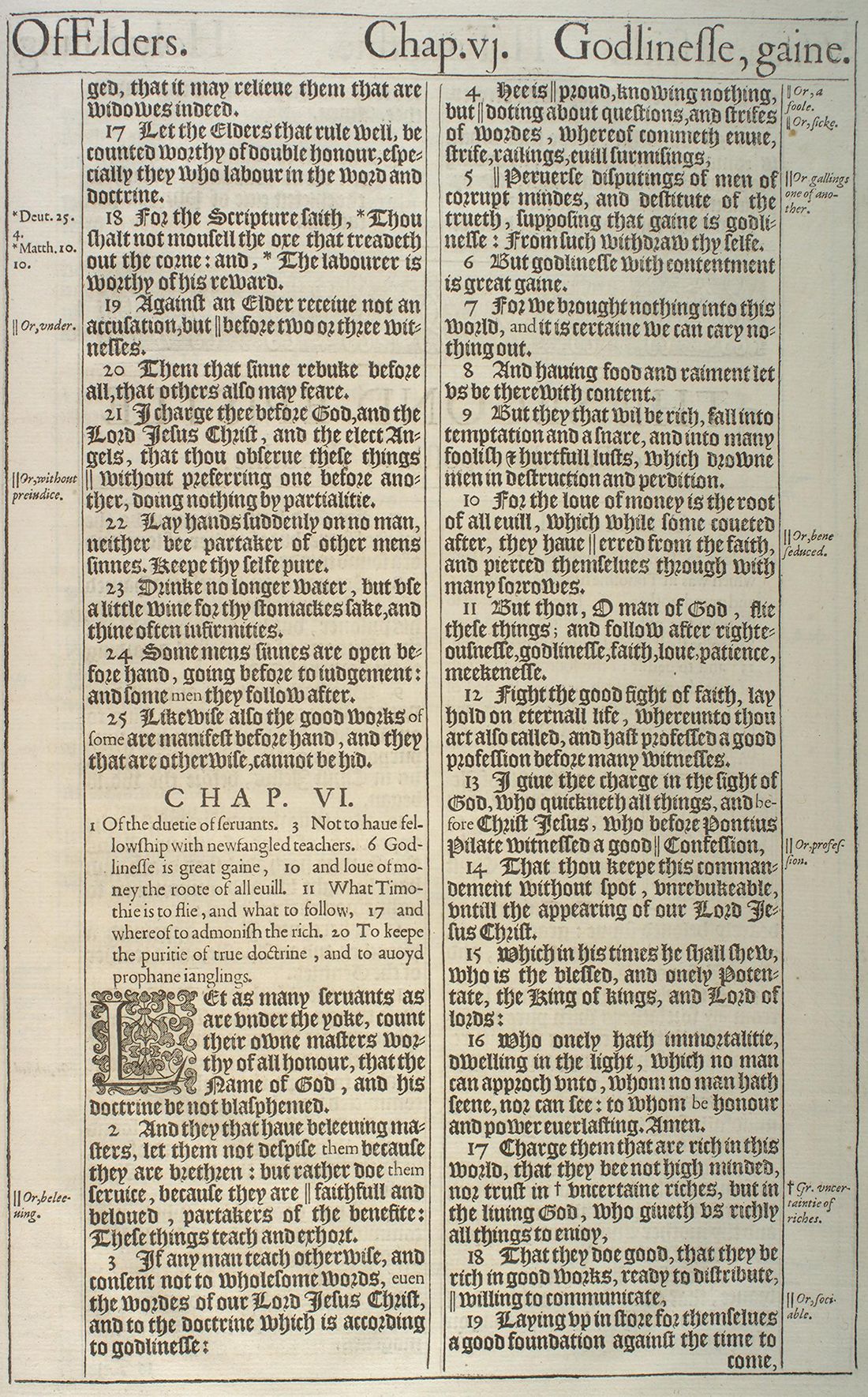 The Holy Bible (London: Robert Barker, 1611), first issue (“He” Bible), 1 Timothy 5:16–6:19. University of Pennsylvania Libraries, Kislak Center, Folio BS185 1611 .L65 (Ross Bible Collection); cropped to the leaf