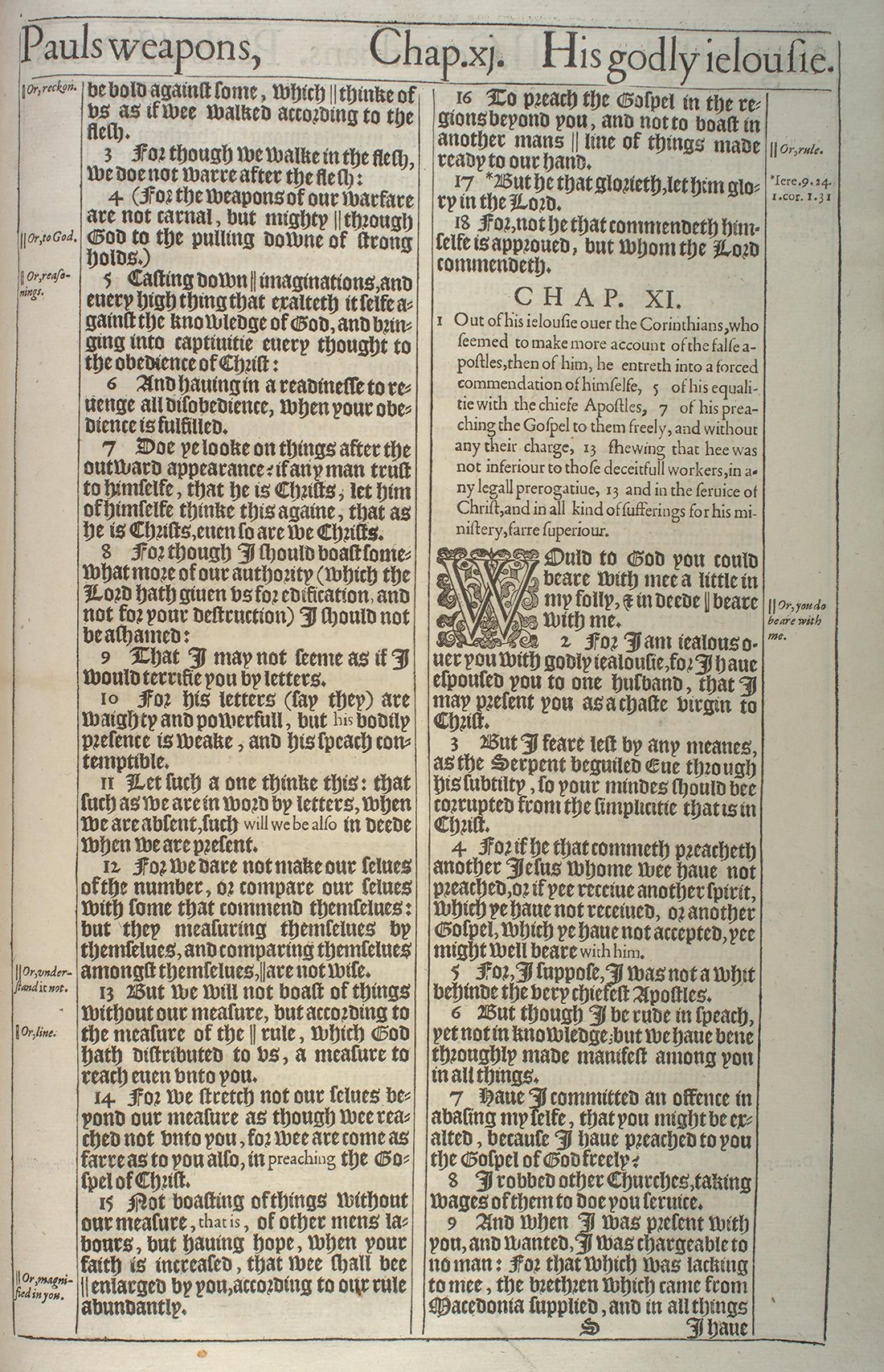 The Holy Bible (London: Robert Barker, 1611), first issue (“He” Bible), 2 Corinthians 10:2–11:9. University of Pennsylvania Libraries, Kislak Center, Folio BS185 1611 .L65 (Ross Bible Collection); cropped to the leaf