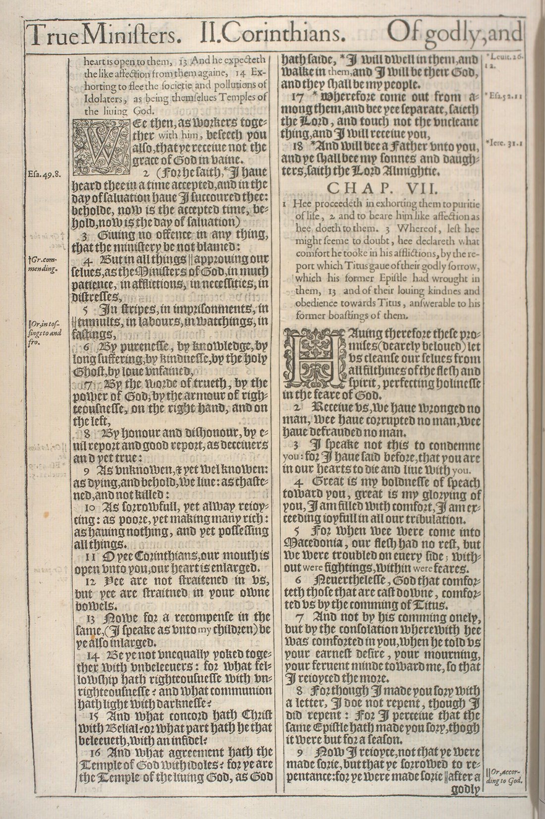 The Holy Bible (London: Robert Barker, 1611), first issue (“He” Bible), 2 Corinthians 6:1–7:9. University of Pennsylvania Libraries, Kislak Center, Folio BS185 1611 .L65 (Ross Bible Collection); cropped to the leaf