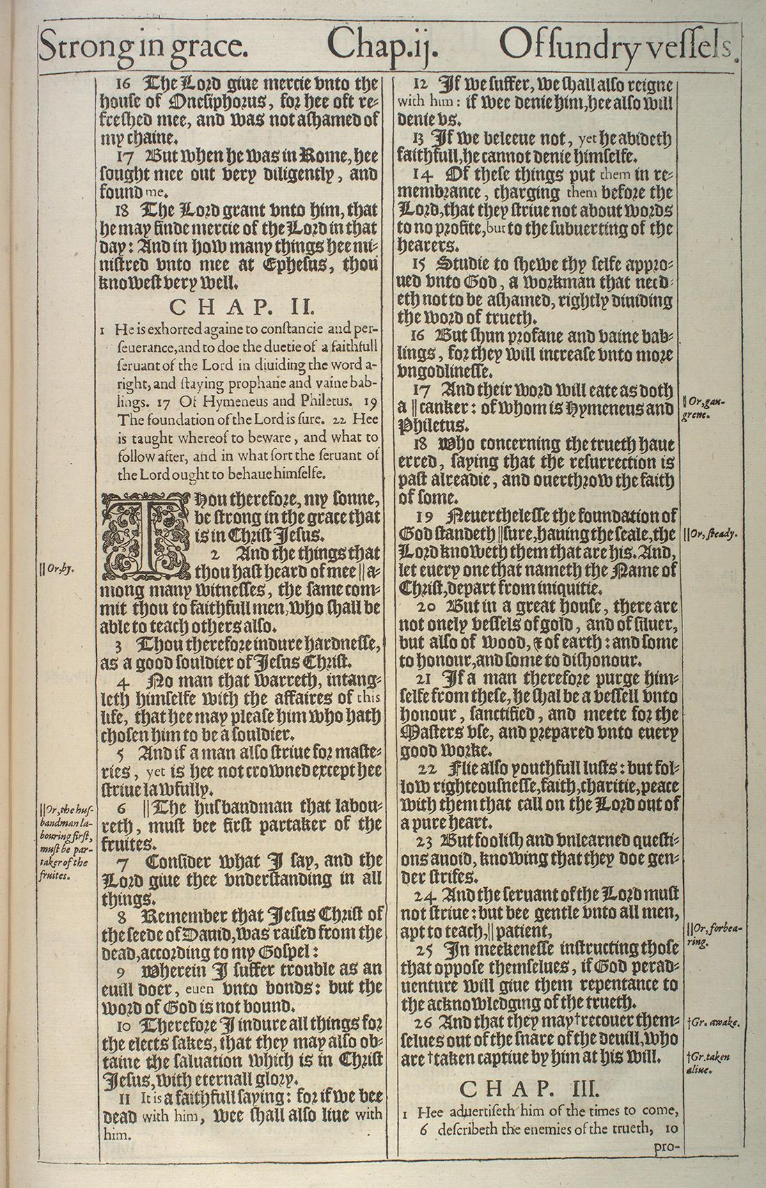 The Holy Bible (London: Robert Barker, 1611), first issue (“He” Bible), 2 Timothy 1:16–2:26. University of Pennsylvania Libraries, Kislak Center, Folio BS185 1611 .L65 (Ross Bible Collection); cropped to the leaf
