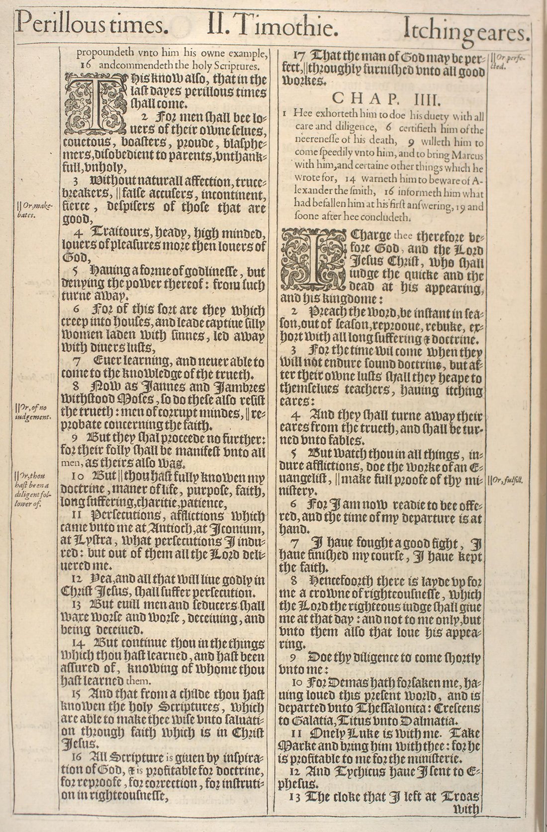 The Holy Bible (London: Robert Barker, 1611), first issue (“He” Bible), 2 Timothy 3:1–4:13. University of Pennsylvania Libraries, Kislak Center, Folio BS185 1611 .L65 (Ross Bible Collection); cropped to the leaf