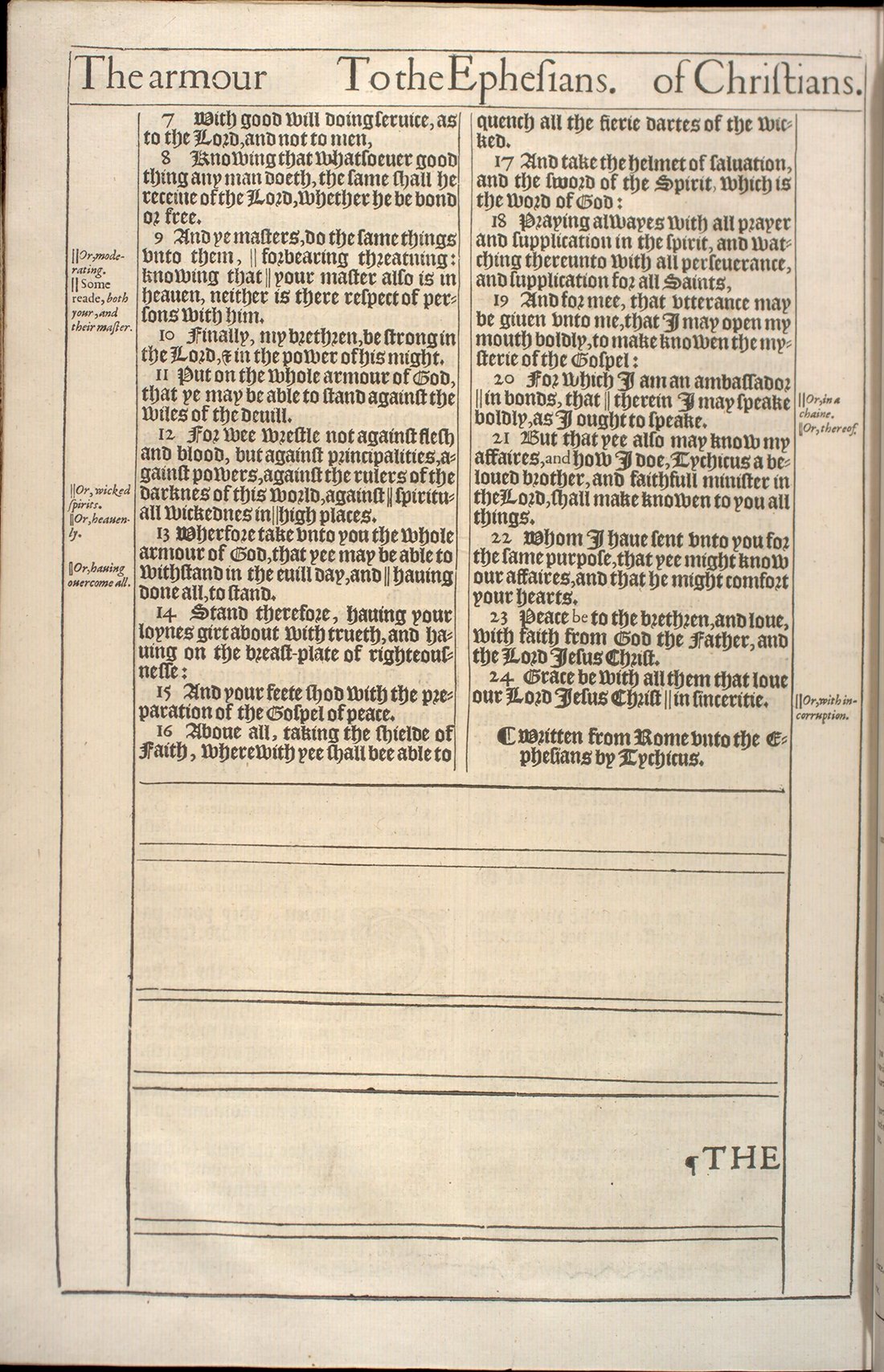 The Holy Bible (London: Robert Barker, 1611), first issue (“He” Bible), Ephesians 6:7–24. University of Pennsylvania Libraries, Kislak Center, Folio BS185 1611 .L65 (Ross Bible Collection); cropped to the leaf