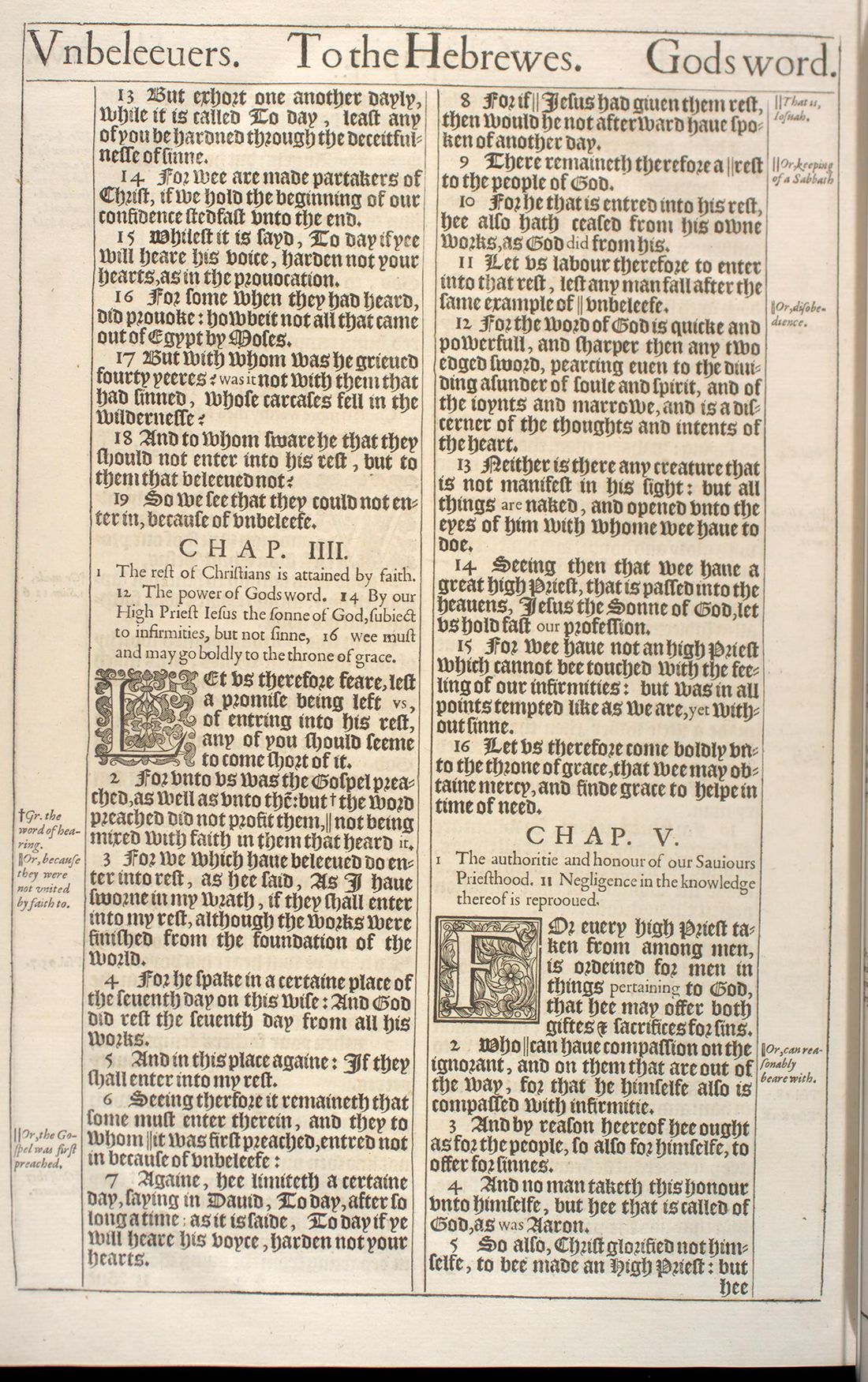 The Holy Bible (London: Robert Barker, 1611), first issue (“He” Bible), Hebrews 3:13–5:5. University of Pennsylvania Libraries, Kislak Center, Folio BS185 1611 .L65 (Ross Bible Collection); cropped to the leaf