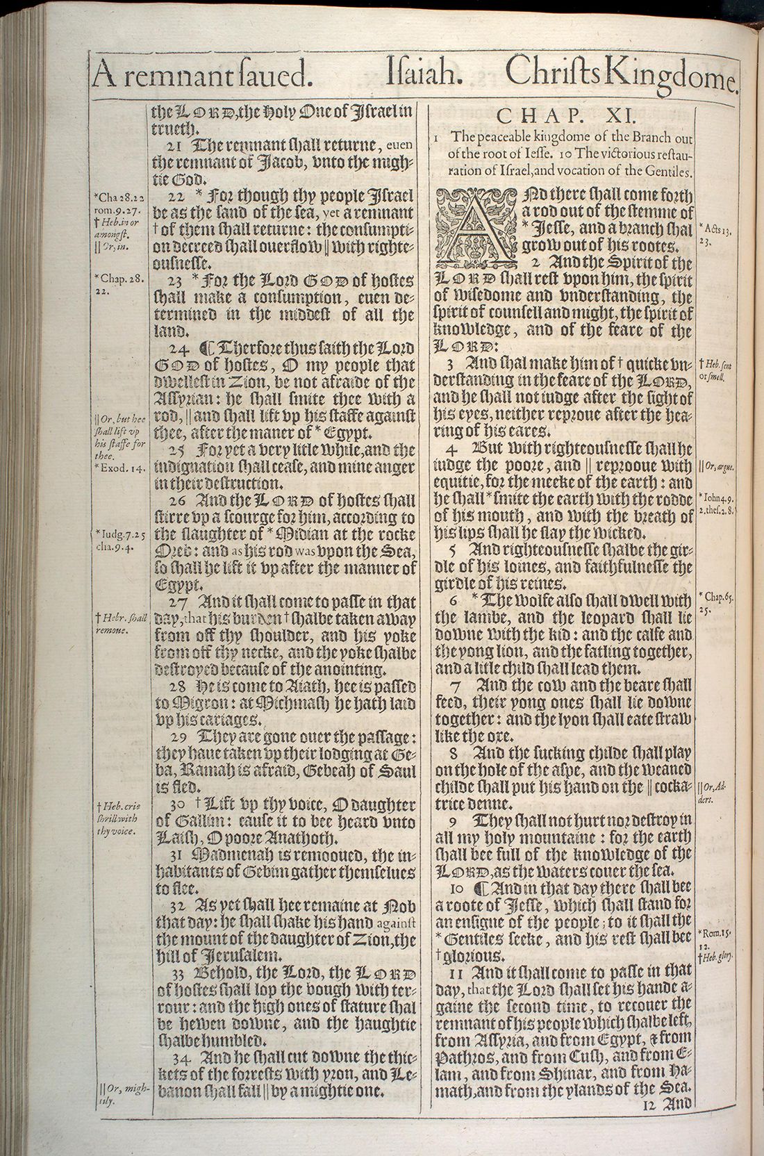 The Holy Bible (London: Robert Barker, 1611), first issue (“He” Bible), Isaiah 10:20–11:11. University of Pennsylvania Libraries, Kislak Center, Folio BS185 1611 .L65 (Ross Bible Collection); cropped to the leaf