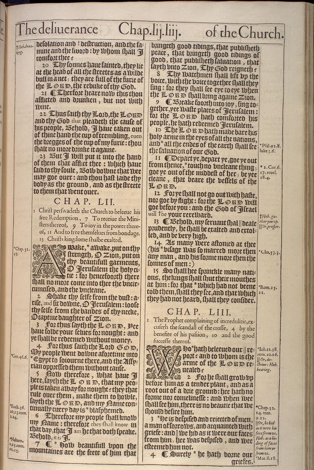 The Holy Bible (London: Robert Barker, 1611), first issue (“He” Bible), Isaiah 51:19–53:4. University of Pennsylvania Libraries, Kislak Center, Folio BS185 1611 .L65 (Ross Bible Collection); cropped to the leaf