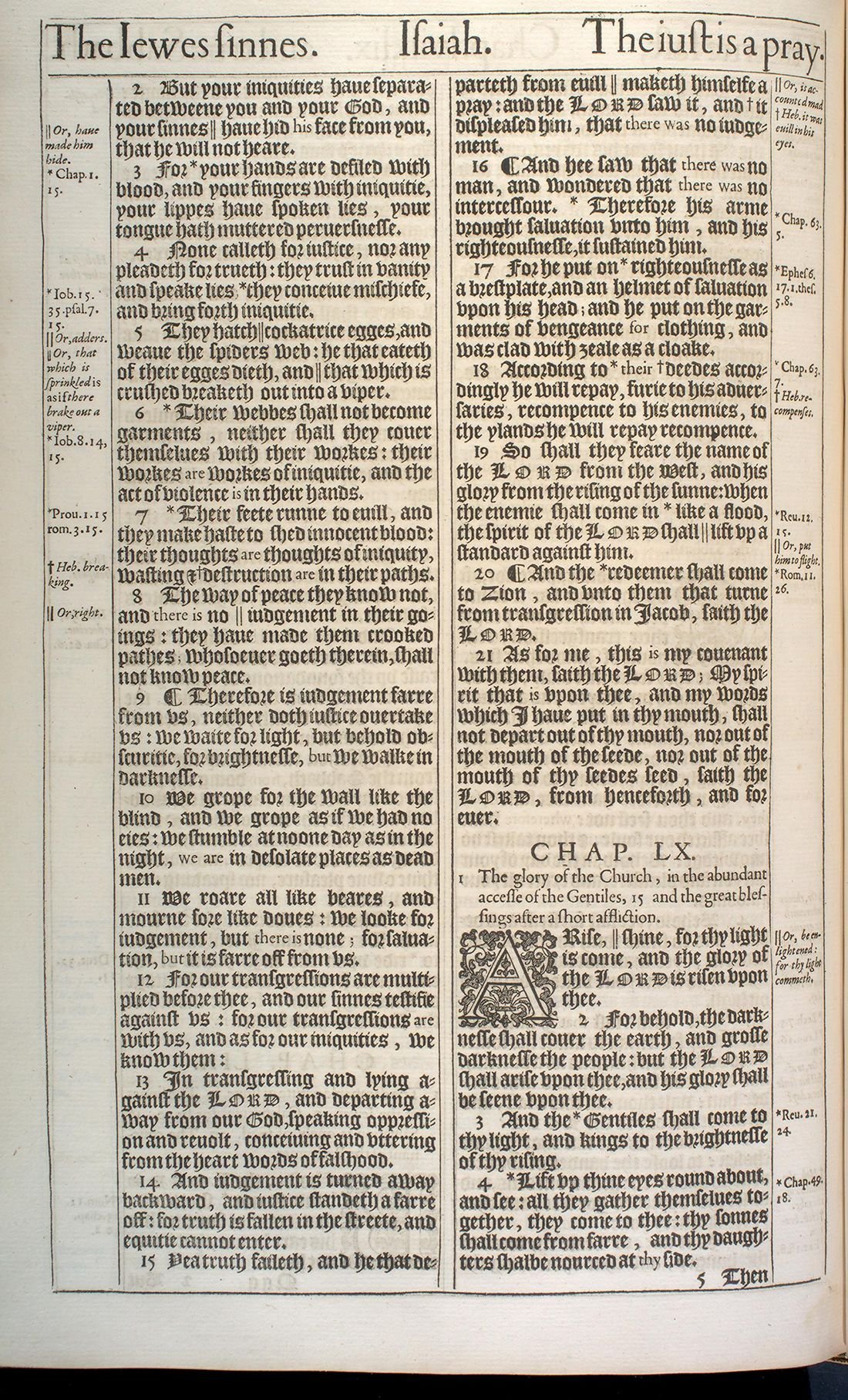 The Holy Bible (London: Robert Barker, 1611), first issue (“He” Bible), Isaiah 59:2–60:4. University of Pennsylvania Libraries, Kislak Center, Folio BS185 1611 .L65 (Ross Bible Collection); cropped to the leaf