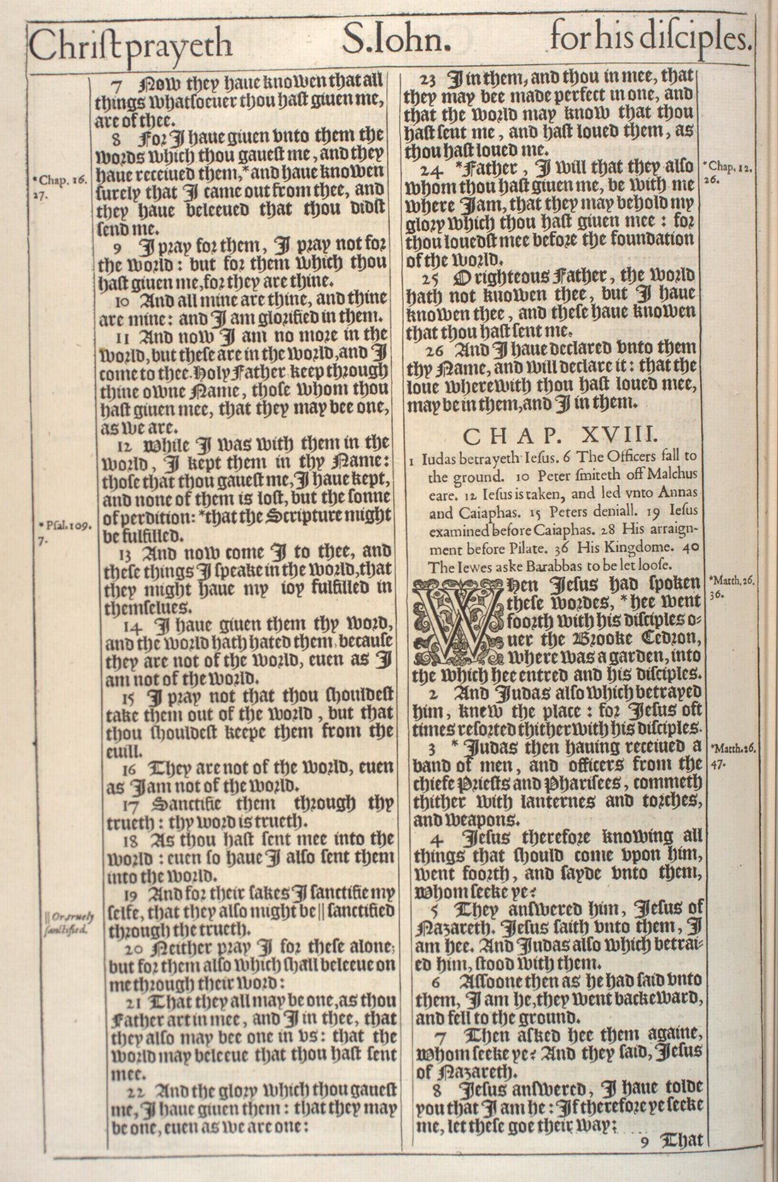 The Holy Bible (London: Robert Barker, 1611), first issue (“He” Bible), John 17:7–18:8. University of Pennsylvania Libraries, Kislak Center, Folio BS185 1611 .L65 (Ross Bible Collection); cropped to the leaf