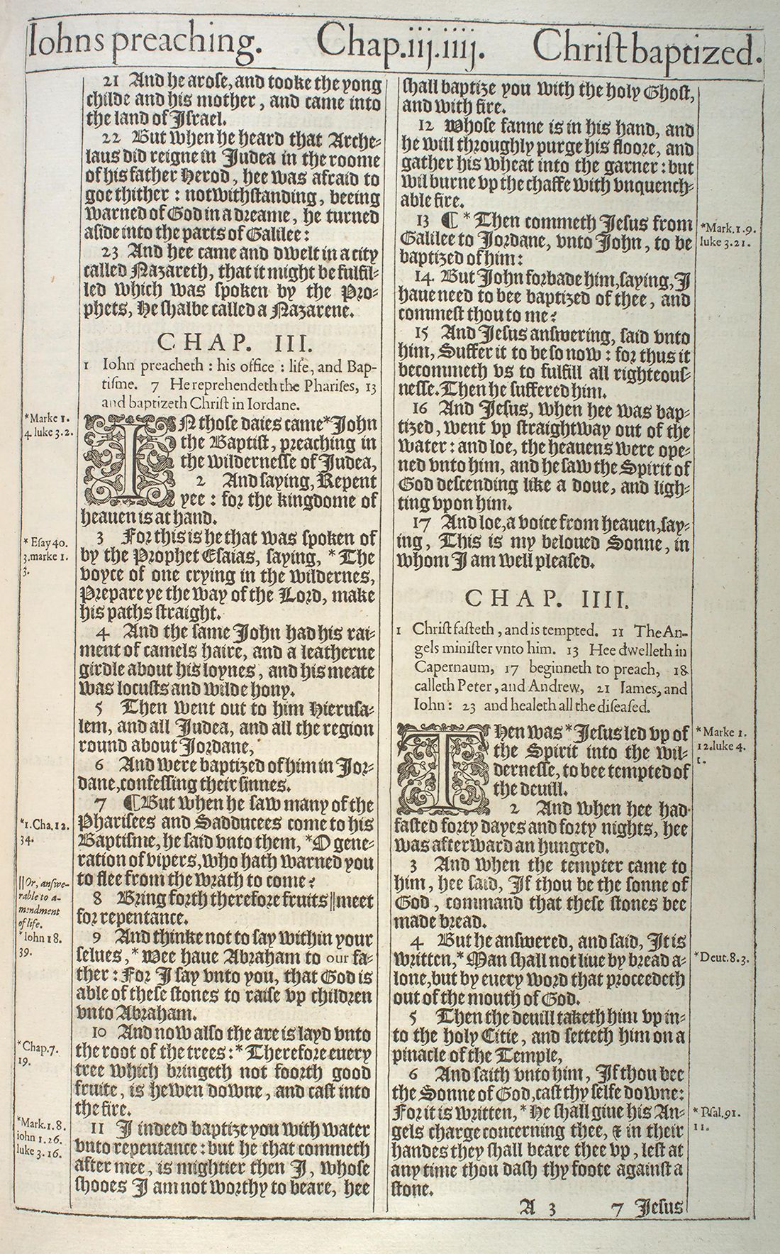 The Holy Bible (London: Robert Barker, 1611), first issue (“He” Bible), Matthew 2:21–4:6. University of Pennsylvania Libraries, Kislak Center, Folio BS185 1611 .L65 (Ross Bible Collection); cropped to the leaf