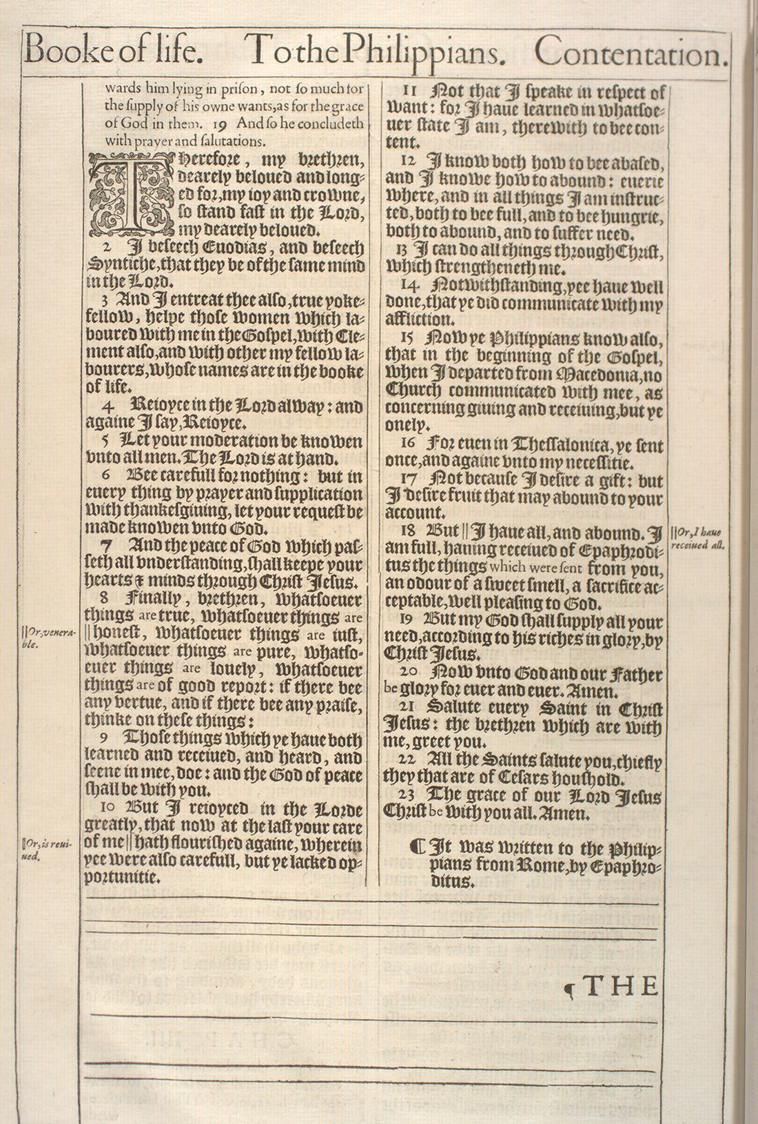 The Holy Bible (London: Robert Barker, 1611), first issue (“He” Bible), Philippians 4:1–23. University of Pennsylvania Libraries, Kislak Center, Folio BS185 1611 .L65 (Ross Bible Collection); cropped to the leaf