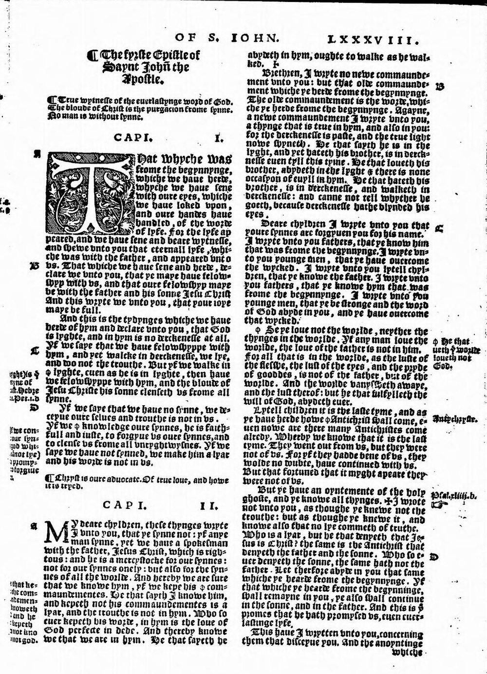 Taverner’s Bible (1539), fol. LXXXVIII, the opening of 1 John. Internet Archive item 1539TavernerBible (Public Domain Mark 1.0)