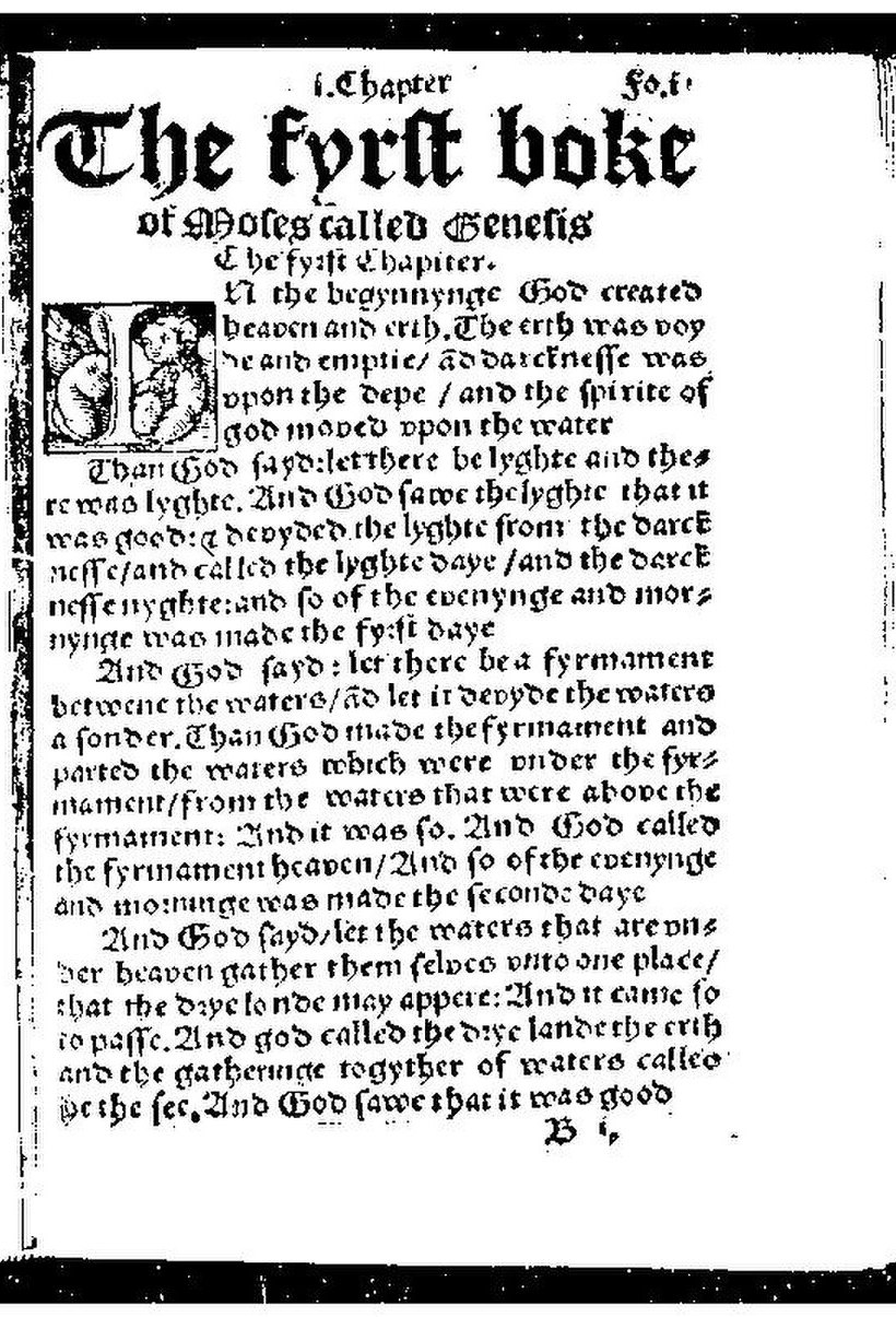 Tyndale’s Pentateuch (1530), folio i, Genesis 1. Cambridge University Library copy (Internet Archive item ThePentateuch)