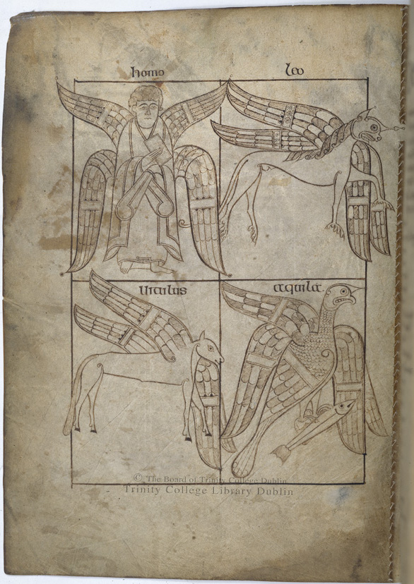 Book of Armagh, fol. 32v: the symbols of the four evangelists (man, lion, calf, eagle), c. 807. Trinity College Dublin, MS 52, via Wikimedia Commons