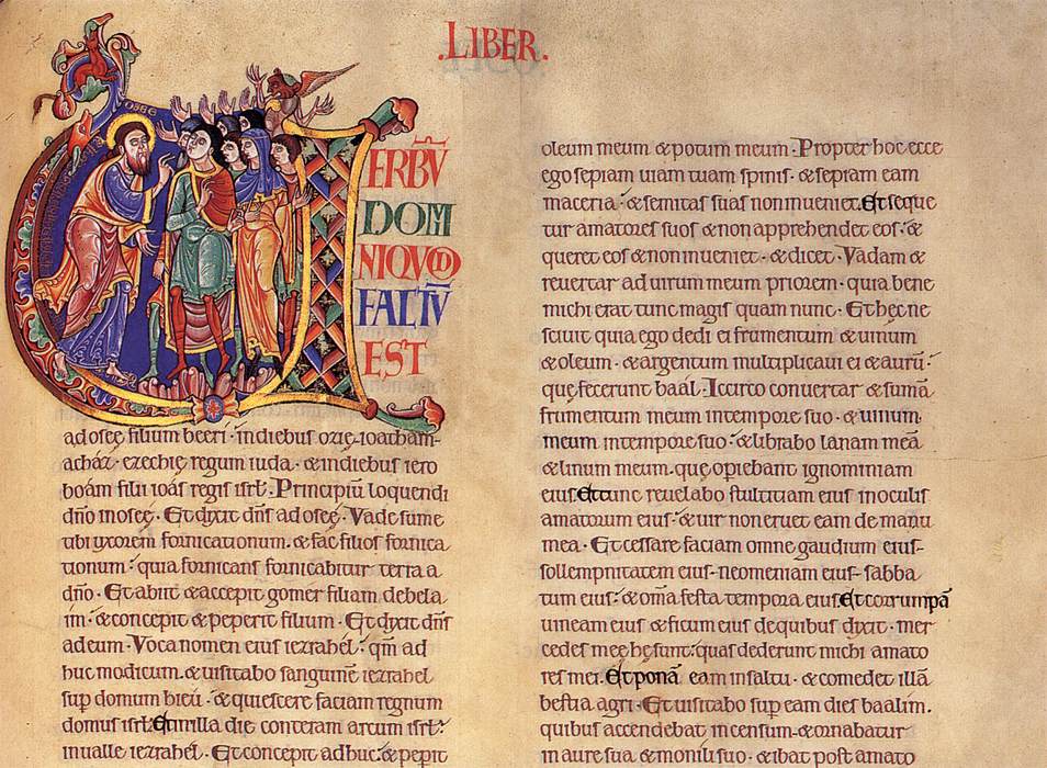 Winchester Bible, opening of the Book of Hosea, c. 1160–75. Winchester Cathedral Library; image via Web Gallery of Art and Wikimedia Commons