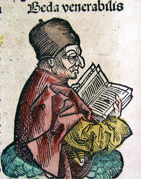 The Venerable Bede, an imagined portrait, woodcut from the Nuremberg Chronicle, 1493, fol. CLVIIIv, via Wikimedia Commons