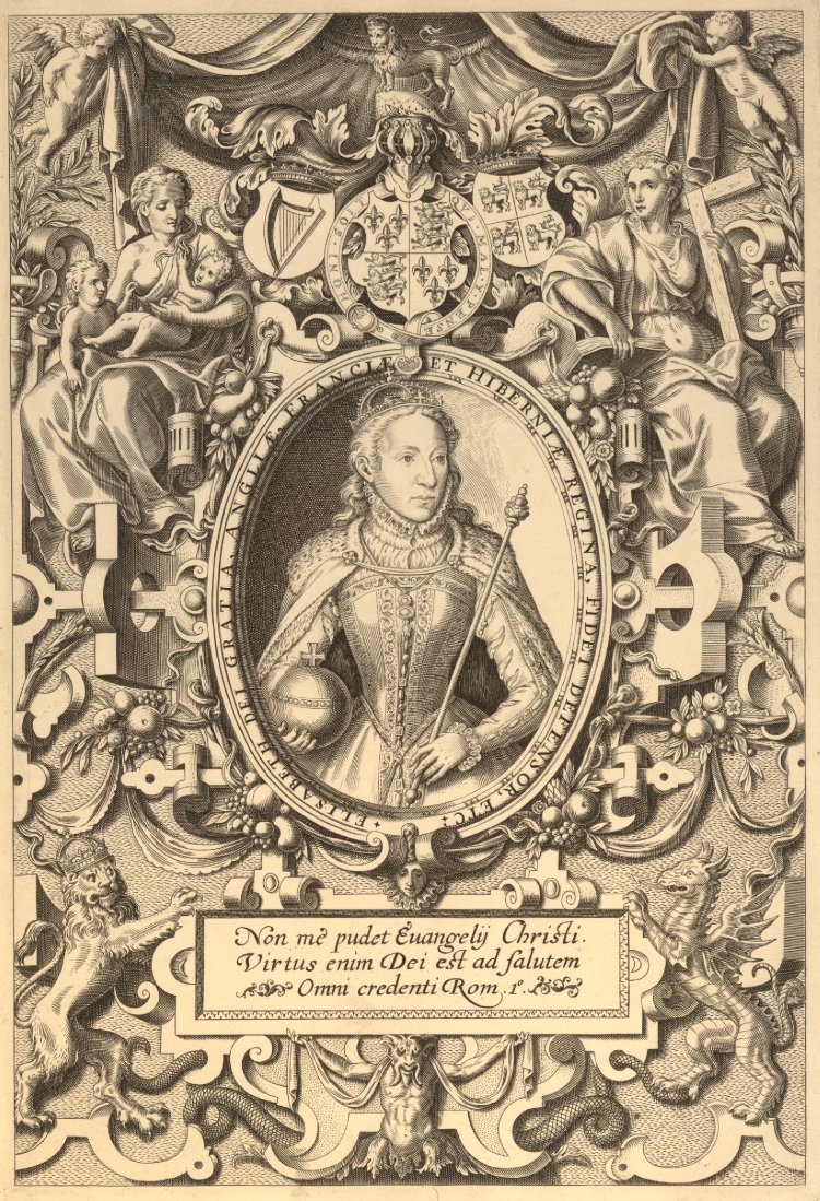 Frontispiece of the Bishops’ Bible, 1568: Queen Elizabeth I between the figures of Faith and Charity. Engraving attributed to Franz Hogenberg