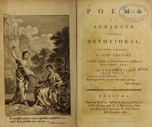 Frontispiece and title page of Poems on Subjects Chiefly Devotional, by “Theodosia” (Anne Steele), new edition (Bristol: W. Pine, 1780), with 1 Peter 1:4 beneath the frontispiece; Princeton Theological Seminary copy, digitised by the Internet Archive