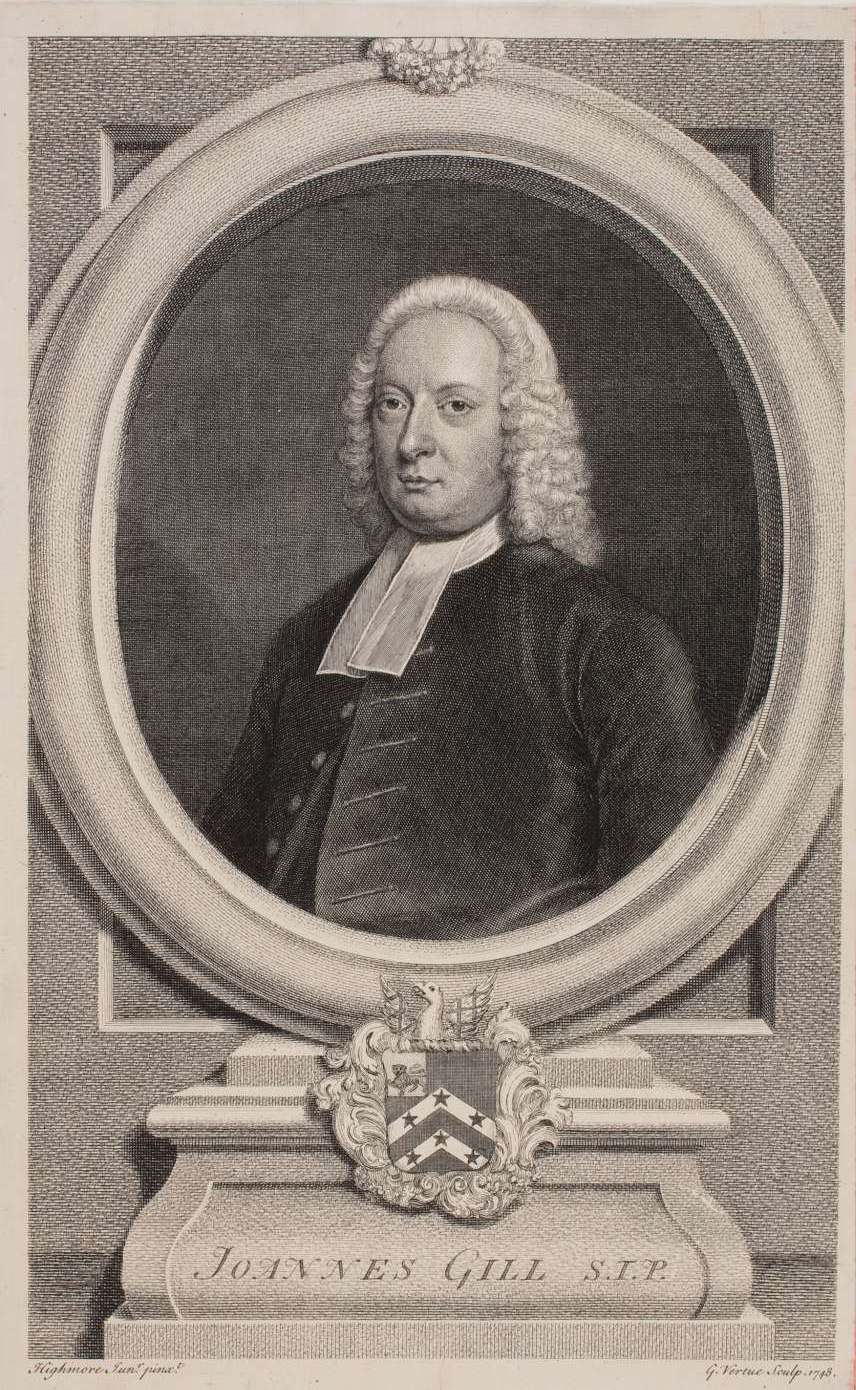 John Gill, engraved portrait by George Vertue, 1745. Herzog August Bibliothek Wolfenbüttel, via Wikimedia Commons