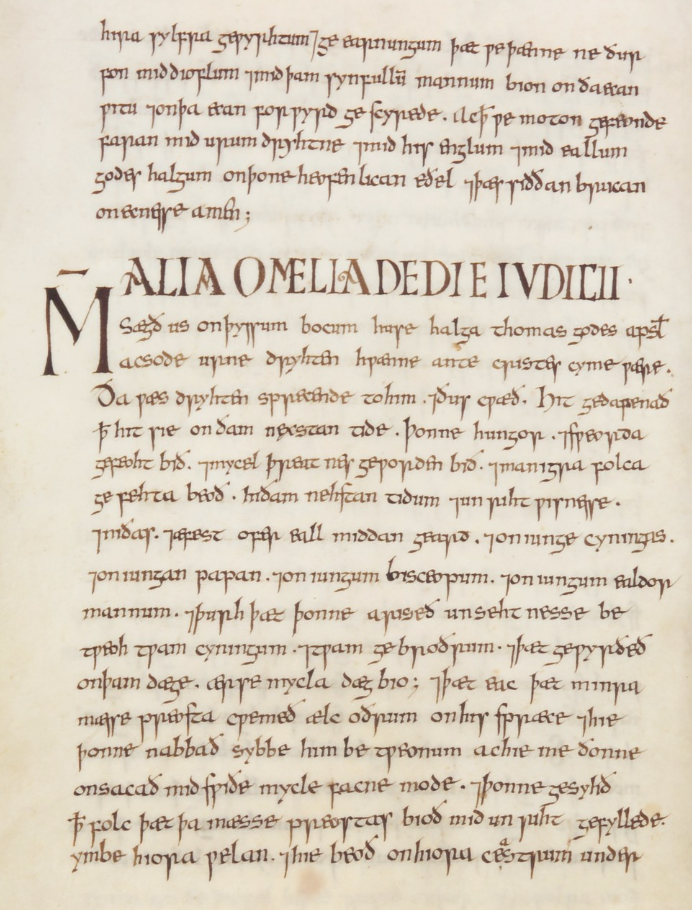 Vercelli Book, fol. 80v: the opening of Homily XV, on the Day of Judgement. Biblioteca Capitolare, Vercelli, via the Digital Vercelli Book and Wikimedia Commons