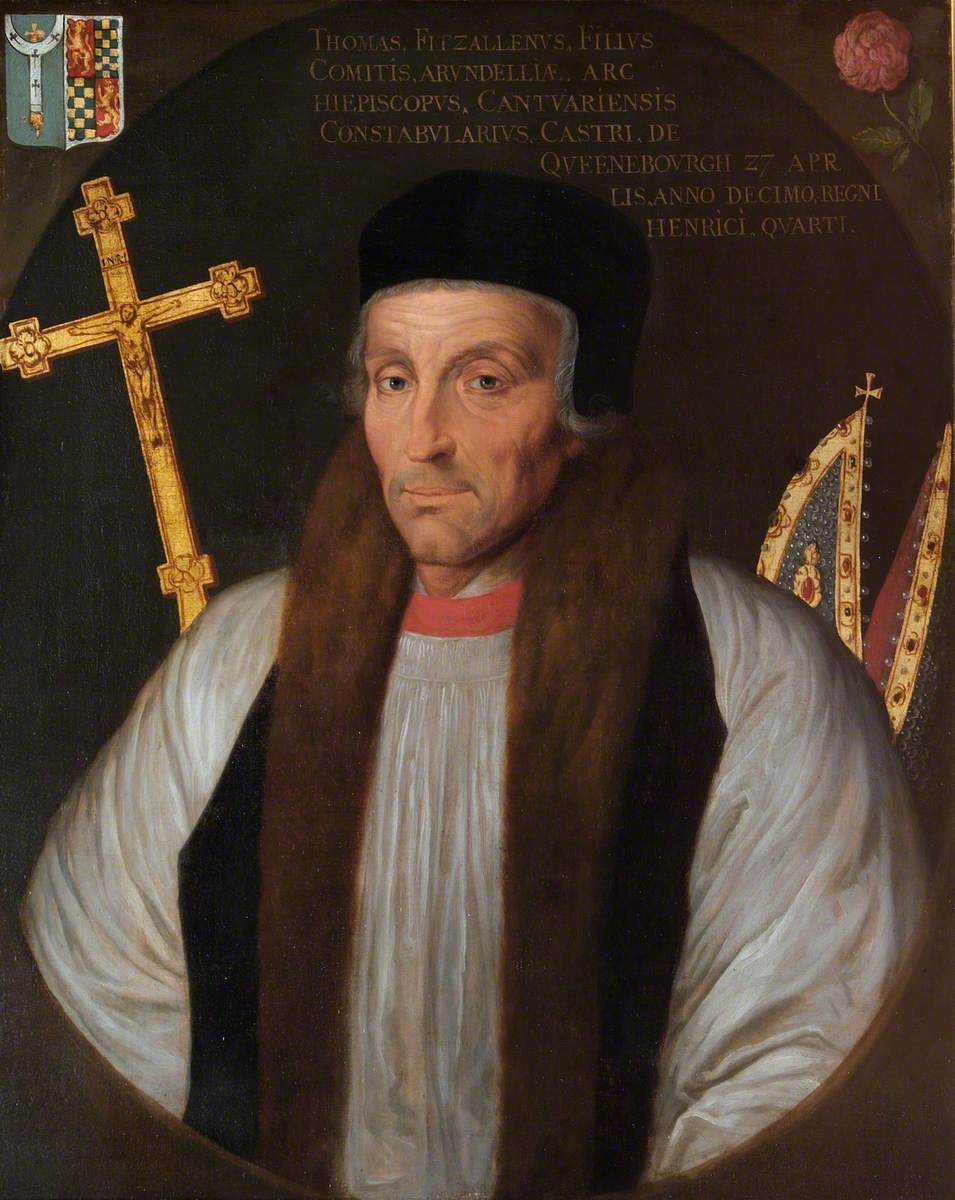 Thomas Arundel (1353–1414), Archbishop of Canterbury, 19th-century copy of a 15th-century portrait, British (English) School. Lambeth Palace, via Art UK and Wikimedia Commons