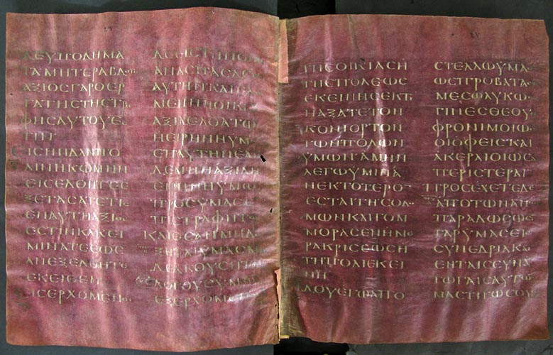 Codex Petropolitanus Purpureus, Gospel of Matthew 10:10–17, silver on purple parchment, 6th century, via Wikimedia Commons