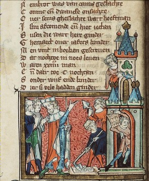 Maerlant, Rijmbijbel, Utrecht 1332 (Museum Meermanno, The Hague, MMW 10 B 21, fol. 9v): the building of the tower of Babel