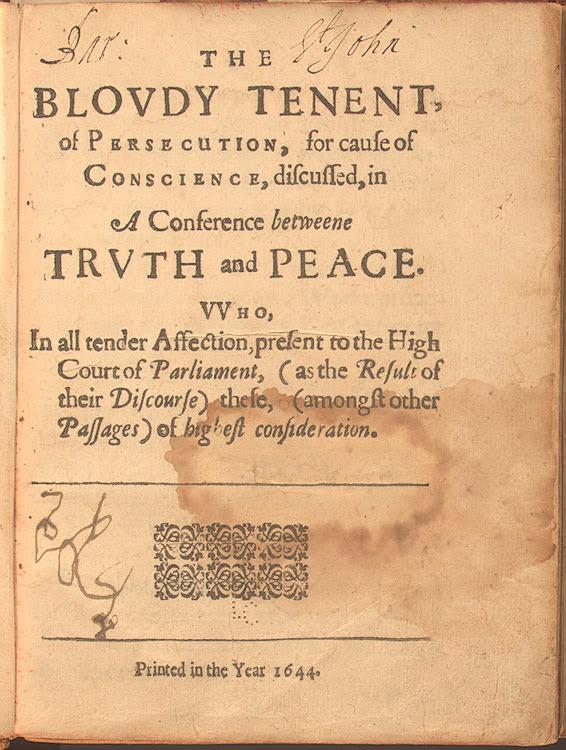 Title page of The Bloudy Tenent of Persecution, 1644. Library of Congress, via Wikimedia Commons