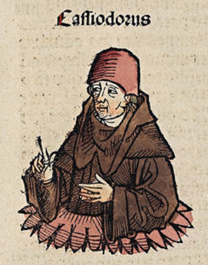 Cassiodorus, an imagined portrait: hand-coloured woodcut, Nuremberg Chronicle, 1493, fol. 143v, via Wikimedia Commons