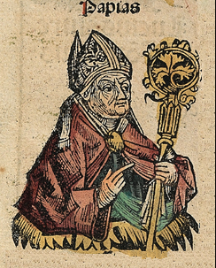 Papias, an imagined portrait: hand-coloured woodcut by Michael Wolgemut and Wilhelm Pleydenwurff, Nuremberg Chronicle, 1493, via Wikimedia Commons