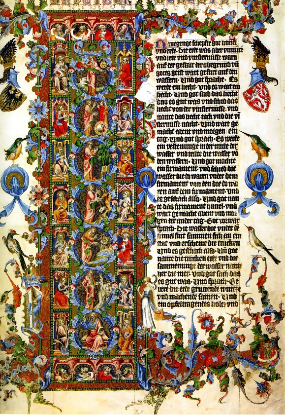 The opening of Genesis in German, Wenceslas Bible, Prague, 1390s. Austrian National Library, Vienna, via Wikimedia Commons