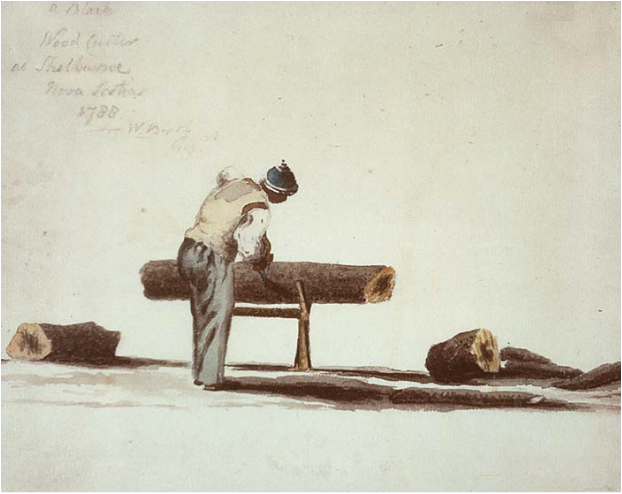 A Black woodcutter at Shelburne, Nova Scotia, 1788, as inscribed on the drawing by Captain William Booth. Nova Scotia Archives, via Wikimedia Commons