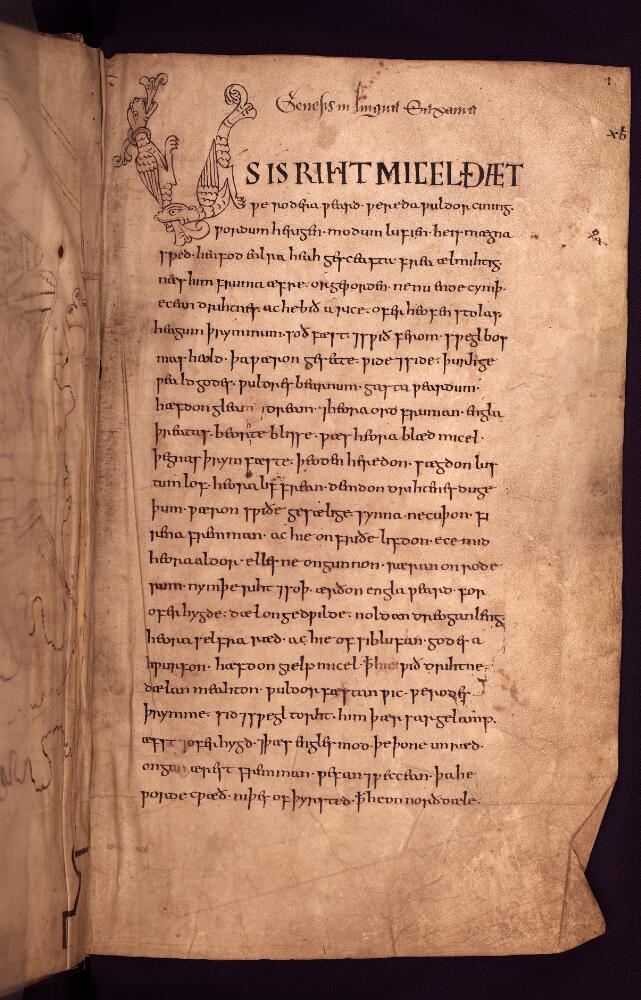 Junius manuscript, page 1: the opening of the Old English Genesis. Bodleian Library, MS Junius 11, via Digital Bodleian and Wikimedia Commons