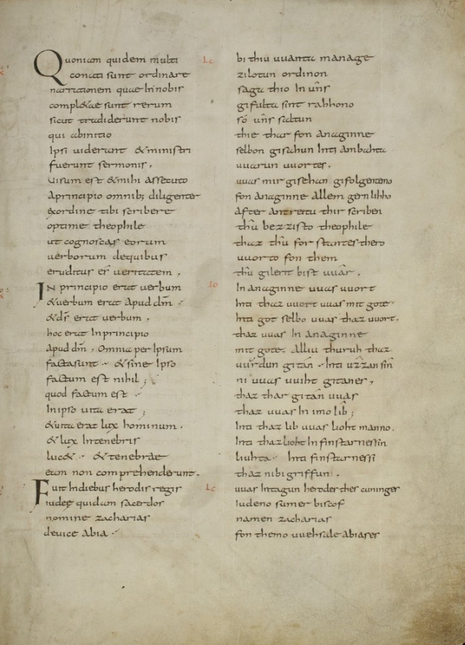 The Old High German Tatian, St. Gallen, Stiftsbibliothek, Cod. Sang. 56, p. 25: Luke 1:1 in Latin (left) and Old High German (right), via e-codices and Wikimedia Commons