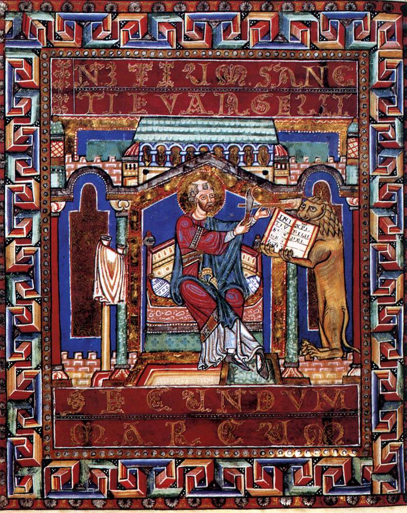 Gospels of Henry the Lion: St Mark, at the opening of his Gospel (“Secundum Marcum”). Herzog August Bibliothek, Wolfenbüttel, via Web Gallery of Art and Wikimedia Commons