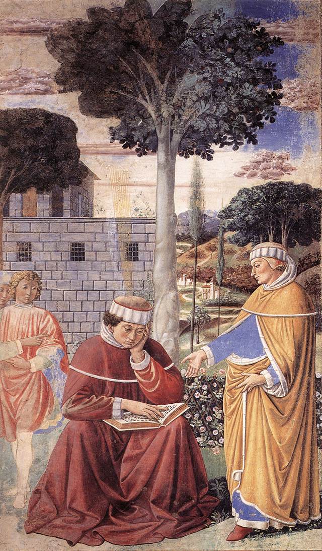 Benozzo Gozzoli, St Augustine reading the Epistle of St Paul (“Tolle lege”), fresco, 1464–65, Sant’Agostino, San Gimignano. A later depiction, via Wikimedia Commons