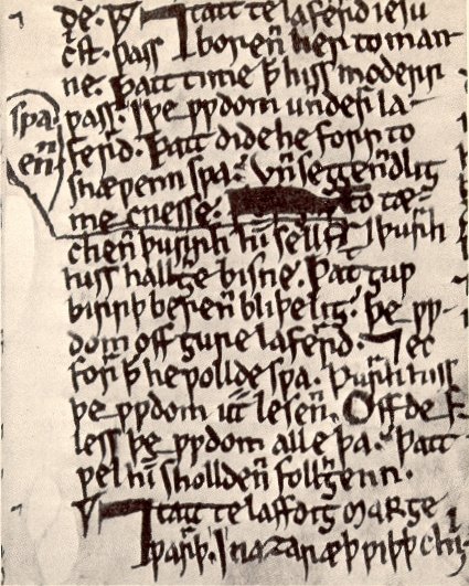 A page of the Ormulum (lines 3607–3623), Orrm’s own manuscript, showing his revisions. Bodleian Library, Oxford, MS Junius 1, via Wikimedia Commons