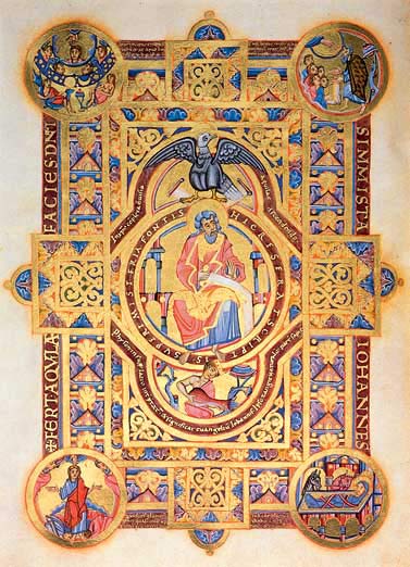The evangelist John, from the Uta Codex, Regensburg, c. 1020–1025. Bavarian State Library, Munich (Clm 13601), via Wikimedia Commons