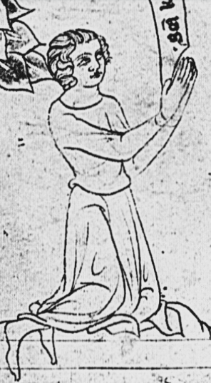 Velislav Bible (detail): the canon Velislav kneeling in prayer; artist unknown. National Library of the Czech Republic, Prague (Kramerius), via Wikimedia Commons