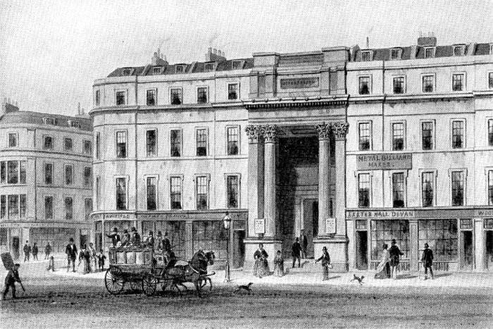 Exeter Hall, Strand, London, where the first Baptist World Congress met: postcard engraving, 1905